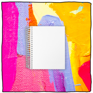 front of blank custom sketchbook with colorful paint background, 4.25 by 5.5 inch