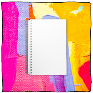 front of blank custom sketchbook with colorful paint background, 5.5 by 8.5 inch