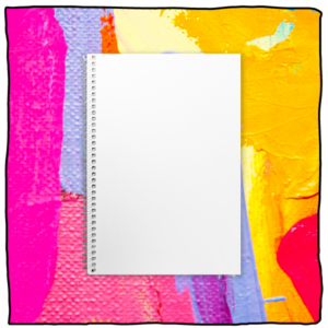 front of blank custom sketchbook with colorful paint background, 6 by 9 inch