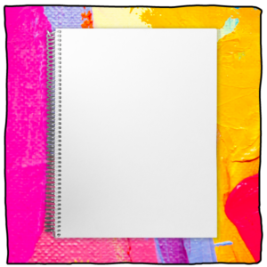 front of blank custom sketchbook with colorful paint background, 9 by 12 inch